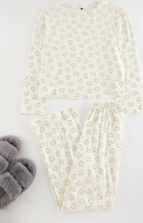 Tarz Rahat Uzun Kollu Geniş Paça %100 Pamuklu Ayıcık Desenli Örme Pijama Takımı