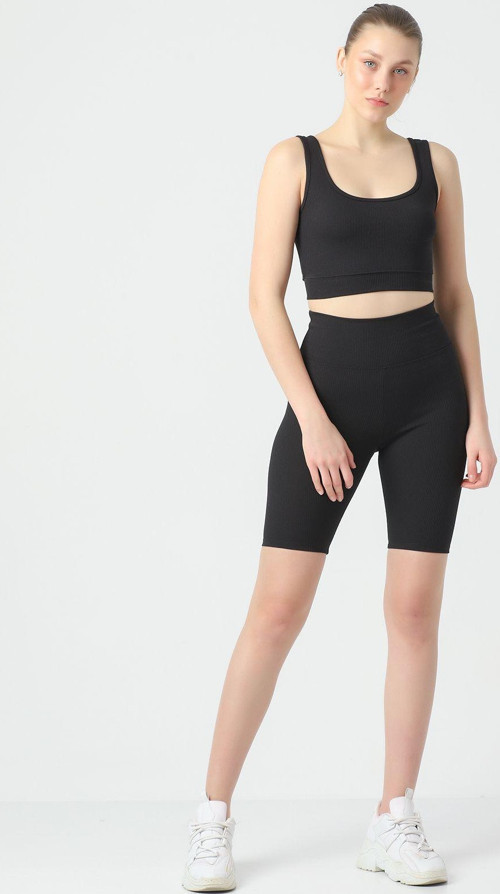 Fitilli Büstiyer(Crop) Üst Ve Şortlu Spor Tayt Takım Siyah XL