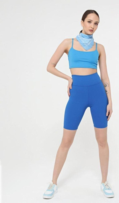 Fitilli Kadın Yüksek Bel Dikişsiz Biker Spor Şort Tayt Saks S
