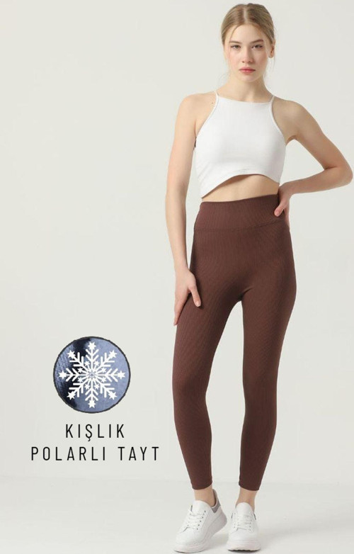 Kışlık Polarlı Fitilli Kadın Yüksek Bel Dikişsiz Tayt Kahverengi L