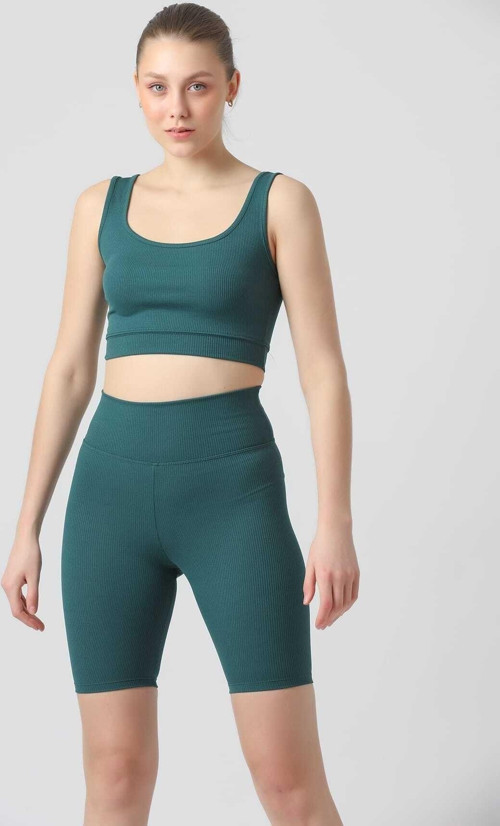 Fitilli Büstiyer(Crop) Üst Ve Şortlu Spor Tayt Takım Zümrüt S