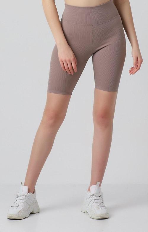 Fitilli Kadın Yüksek Bel Dikişsiz Biker Spor Şort Tayt Vizon S