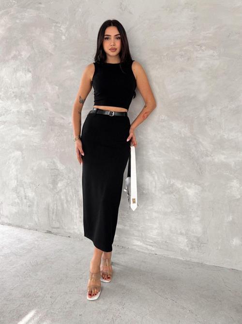 Ozy Fashion Siyah Çelik Örme Kumaş Kemerli Arka Yırtmaç Detaylı  Uzun Etek Siyah XL