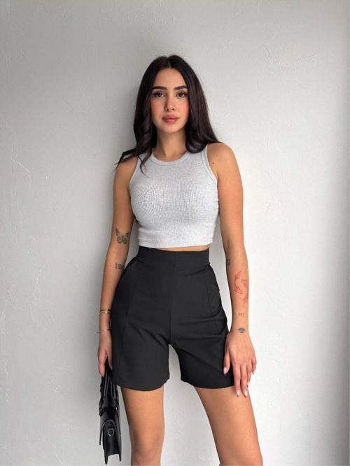 Double Kumaş Arkadan Fermuarlı Midi Boy  Şort Siyah XL