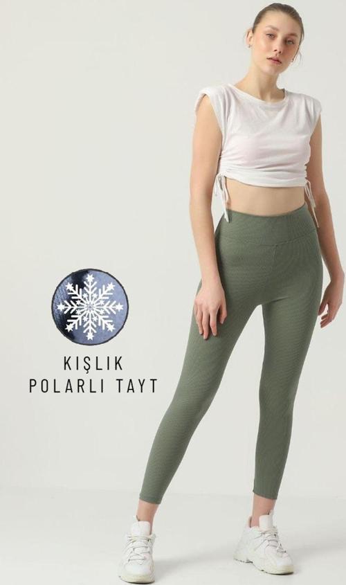 Kışlık Polarlı Fitilli Kadın Yüksek Bel Dikişsiz Tayt Çağla Yeşili S