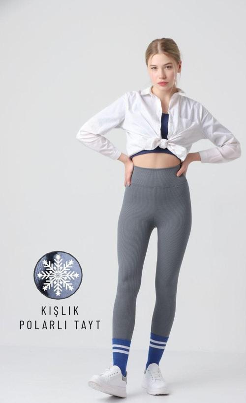 Kışlık Polarlı Fitilli Kadın Yüksek Bel Dikişsiz Tayt Gri S