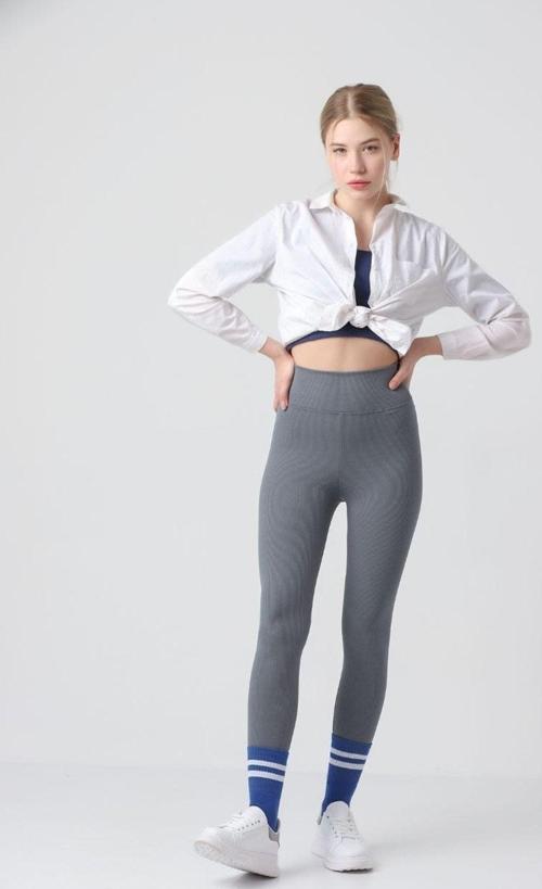 Kadın Fitilli Yüksek Bel Dikişsiz Tayt Gri S