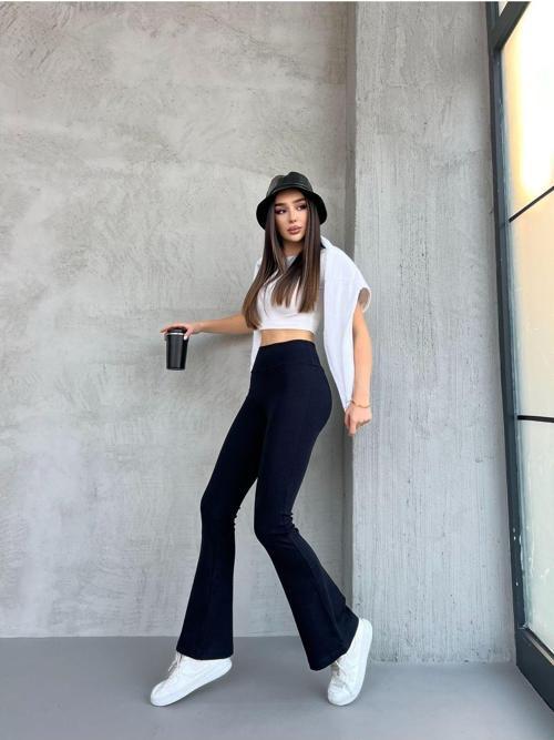 Kadın İspanyol Paça Yüksek Bel,Geniş Kemer Penye Tayt Lacivert S