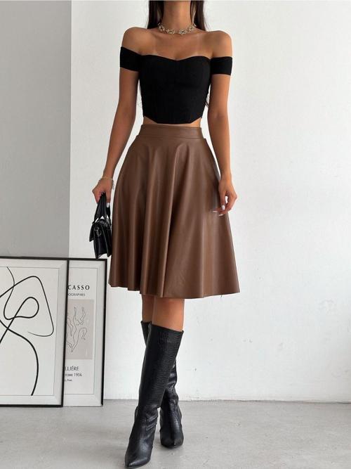 Taba Renk Yüksek Bel,İçi Şardonlu,Beli Lastikli,Deri Kloş Etek Taba M