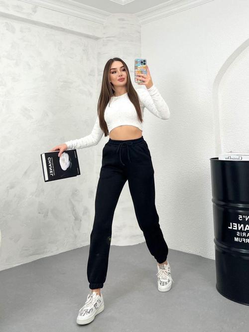 Kadın Siyah Kışlık Kalın Içi Polarlı Yüksek Bel Paçası Lastikli Basic Jogger Eşofman Altı Siyah XL