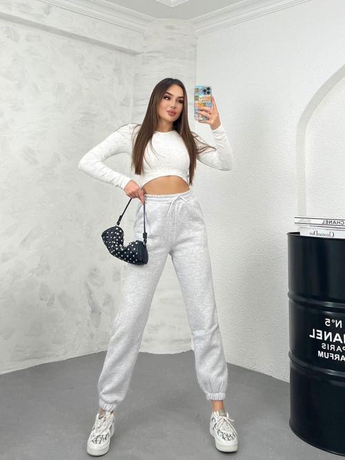 Kadın Gri Kışlık Kalın Içi Polarlı Yüksek Bel Paçası Lastikli Basic Jogger Eşofman Altı Gri XL
