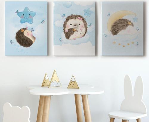 Özel Tasarım, Dekortif Baskı 3’Lü Tablo Şirin Kirpi Temalı Dekoratif Duvar Tablo Seti-Bı-34