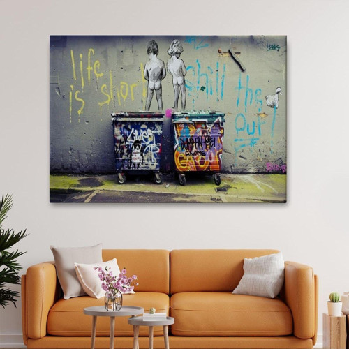 Özel Tasarım, Dekortif Baskı bansky Çöp Kutusuna İşeyen Çocuklar Kanvas Tablosu / Hayat Kısa-5154