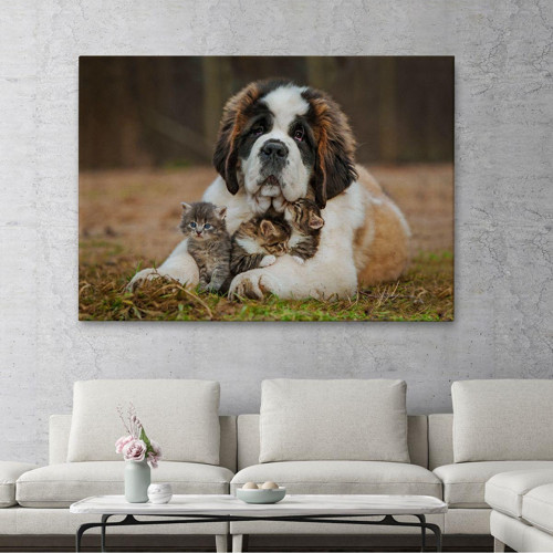 Özel Tasarım, Dekortif Baskı st. Bernard Köpek Ve Yavru Kediler Dekoratif Kanvas Tablo 1124