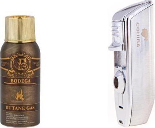 Gümüş Üç Torch Çakmak ve Bodega Premium Gazli Bütan Gaz 100ml Seti