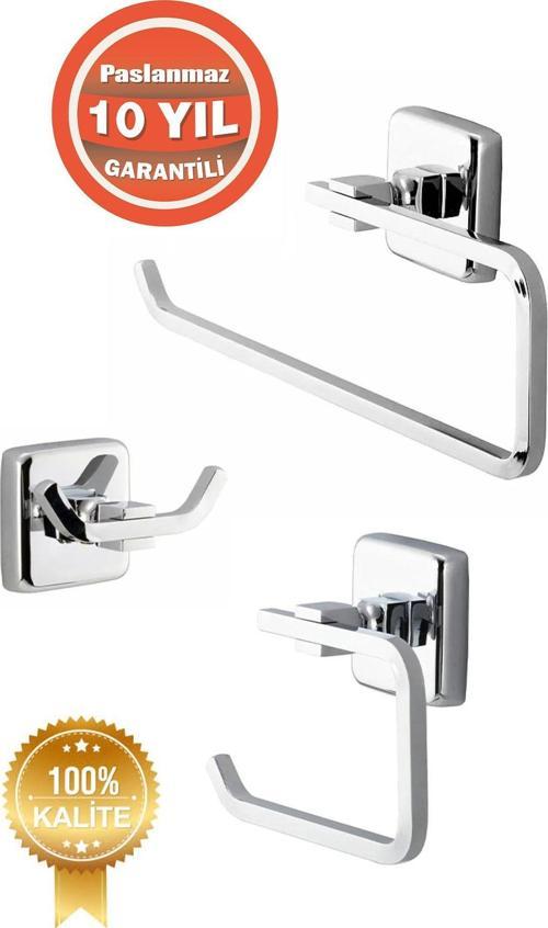 Paslanmaz Pirinç Wc 3 ' Lü Set-Banyo Aksesuar Kumru (Havluluk,Tuvalet Kağıtlık,Askılık)
