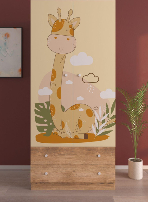 Çocuk Odası 2 Kapaklı Cute Giraffe Gardırop 5 Raflı 2 Çekmeceli Askılı Elbise Dolabı 80x51 cm