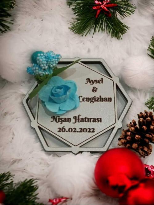Altıgen Ahşap Nikah & Düğün & Söz & Nişan Magneti (50 Adet) (Tek Tek Ambalajlı Gönderilir.)
