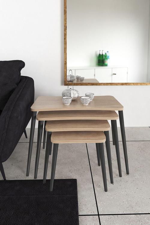 Sinem 4lü Zigon Sehpa Yan Sehpa Ahşap Siyah Ayaklı Salon Seti Çay Sehpası 75x40 cm