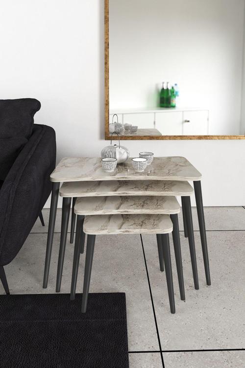 Sinem 4lü Zigon Sehpa Yan Sehpa Ahşap Siyah Ayaklı Salon Seti Çay Sehpası 75x40 cm