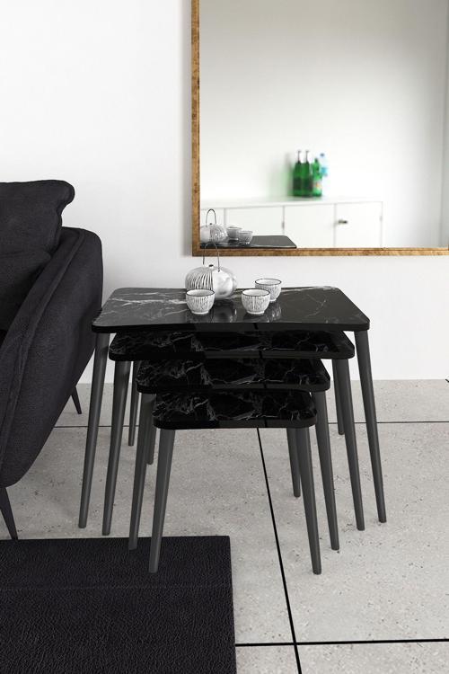 Sinem 4lü Zigon Sehpa Yan Sehpa Ahşap Siyah Ayaklı Salon Seti Çay Sehpası 75x40 cm