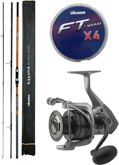 YekOutdoor Profesyonel Olta Seti Okuma Salina Surf 14' 420 cm 3 Parça Surf Kamışı&Okuma Tomcat TMC-8000 (4.8:1) 6+1bb Ol