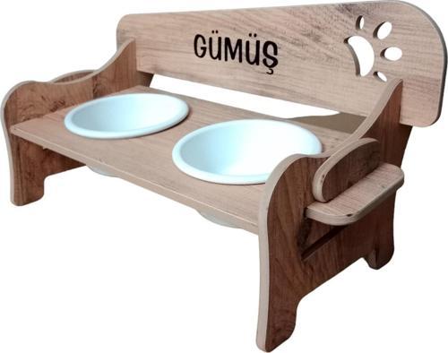 Kademeli Kedi Mama Standı (8 mm MDF) (350 ML BEYAZ/ANTRASİT Seramik)