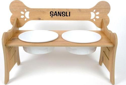 Kademeli Köpek Mama Standı (8 mm MDF) (1000 ML BEYAZ/SİYAH Seramik)