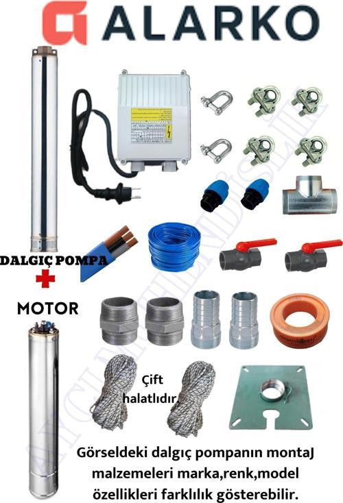 4SDM4/14 1,5 HP ALARKO 40 MT YASSI KABLOLU VE PANOLU 80 MT HALATLI ÇİFT VANALI AKITMA BAŞLIKLI MONOFAZE TAKIM DALGIÇ POM