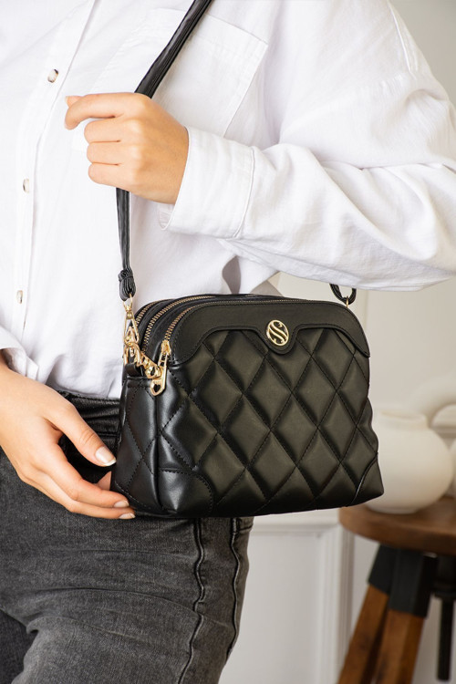 Kadın Ayarlanabilir Çapraz Askılı 4 Bölmeli Siyah Mat Omuz ve Çapraz Çanta