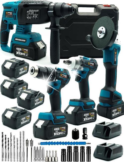 4 Akülü Kömürsüz Motor Matkap-Hilti-Taşlama-Bijon Sökme 4'Lü Set Uç Takımlı Usta Seti