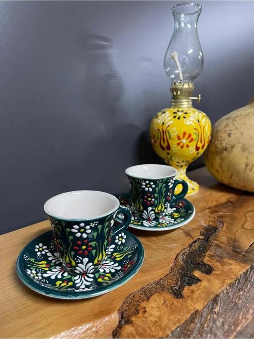 2 Adet Çini Desenli Kahve Fincanı Çini Lale Desenli Tabaklı Fincan Seti 4 Parça