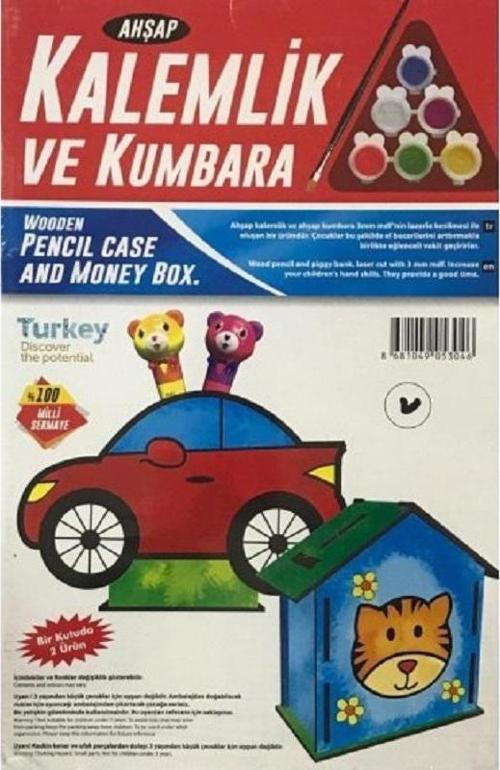 VIP KALİTE MAKET AHŞAP KALEMLİK VE KUMBARA SETİ 6 AKRİLİK BOYA SETİ