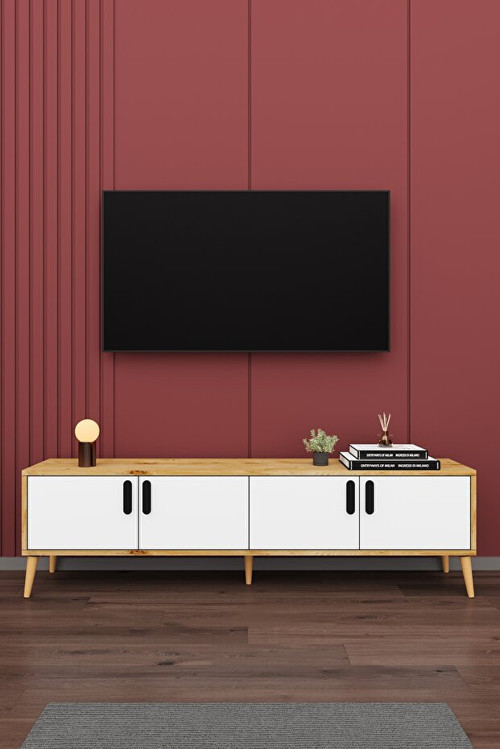 MDF Petra/Beyaz TV Ünitesi - 160 cm, Şık & Modern Tasarım TV Sehpası, T-03