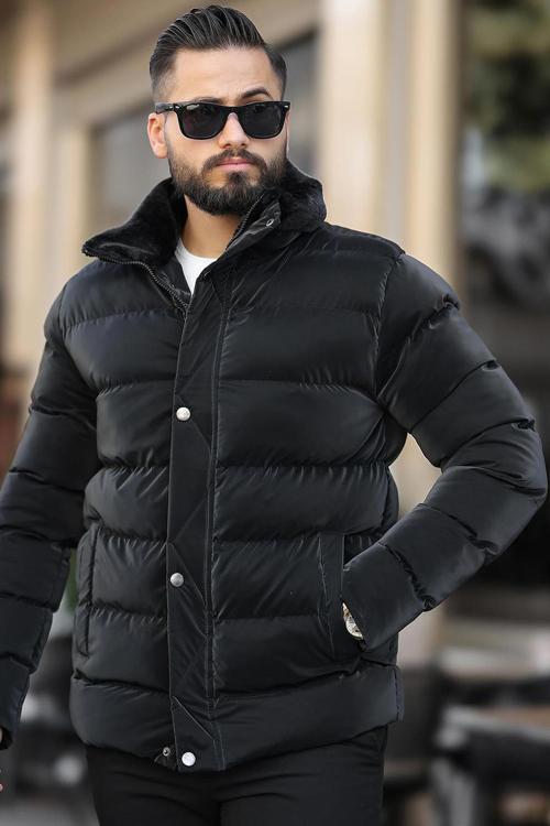 Erkek Parlak Kışlık Şişme Mont Astarlı Siyah
