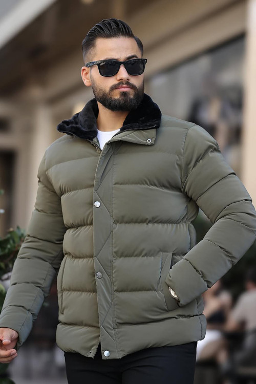 Erkek Parlak Kışlık Şişme Mont Astarlı Haki