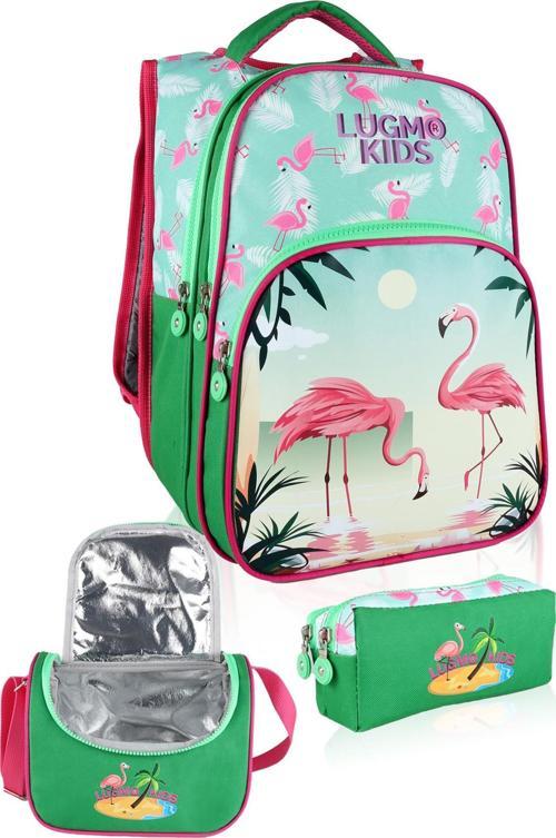 Flamingo 3 Lü İlkokul Çanta Seti  Kız Çocuk Çantası Astarlı Pedli Yeşil-Pembe
