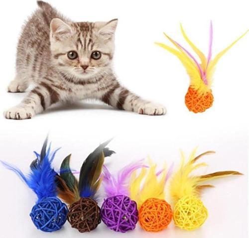 2li Rattan Renkli Peluş Tüy Kedi Köpek Oyuncak Yakalama Çiğneme Çıngıraklı Top Oyuncağı-Findit