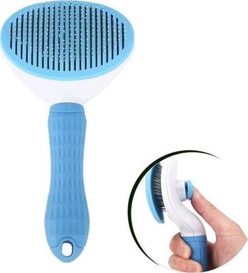 Kedi Köpek Tüy Toplayıcı Kendini Temizleyebilen Ergonomik Saplı Evcil Hayvan Tarağı Mavi-Findit