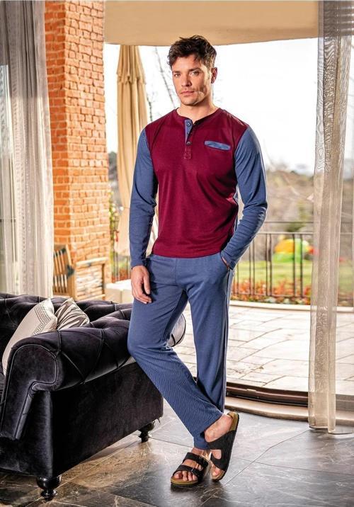 Erkek Yakası Düğmeli Kışlık Pijama Takımı 15060 - 1 Adet Bordo-M