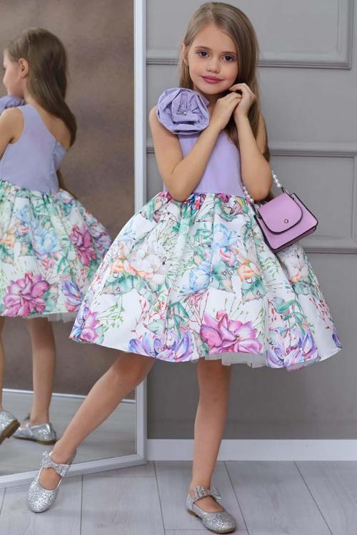Kız Çocuk Tek Omuz Gül Broşlu Eteği Kabarık Çiçek Desenli Lila Abiye