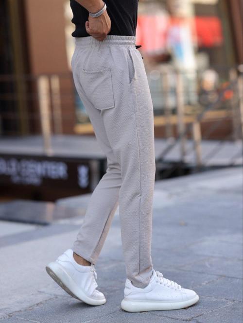 Slim Fit Bağcıklı, Beli Lastikli Düz Paça, Dokulu Erkek Jogger Pantolon