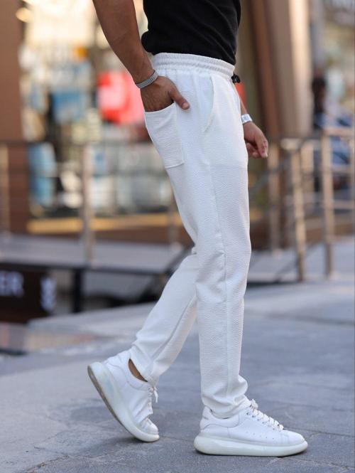 Slim Fit Bağcıklı, Beli Lastikli Düz Paça, Dokulu Erkek Jogger Pantolon 
