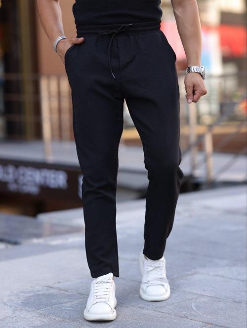 Slim Fit Bağcıklı, Beli Lastikli Düz Paça, Dokulu Erkek Jogger Pantolon 
