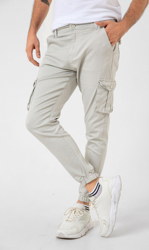 Kargo Cepli, Fermuarlı Paça Lastikli Esnek Kumaş Slim Fit Gabardin Erkek Kargo Pantolon