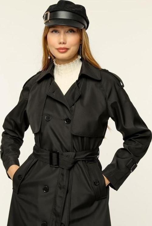 Çift Cepkenli Mevsimlik Bondit Kumaş uzun Kadın Trençkot