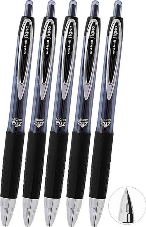 Siyah Pilot Kalem 5 Adet Uniball Signo Micro 207 0.5 mm Roller Uç Kalem Umn-207 İnci Uçlu Likit Mürekkepli Jel Kalem