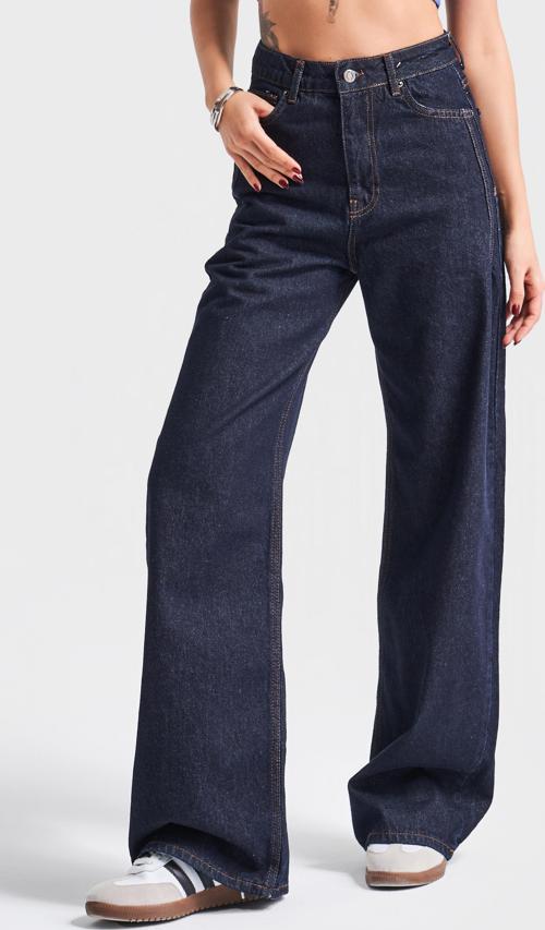 Kadın Lacivert Su Yıkama 7W4-50 Wide Leg Fit %100 Koton Denim Jean