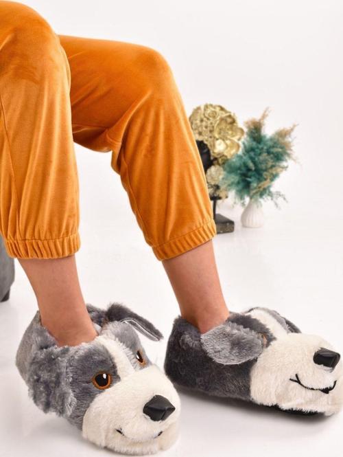 Unisex Köpek Figürlü Gri Taba Peluş Panduf Hayvanlı Ev Botu