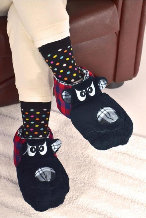 Unisex Hayvanlı Ekose Polar Panduf Ev Botu